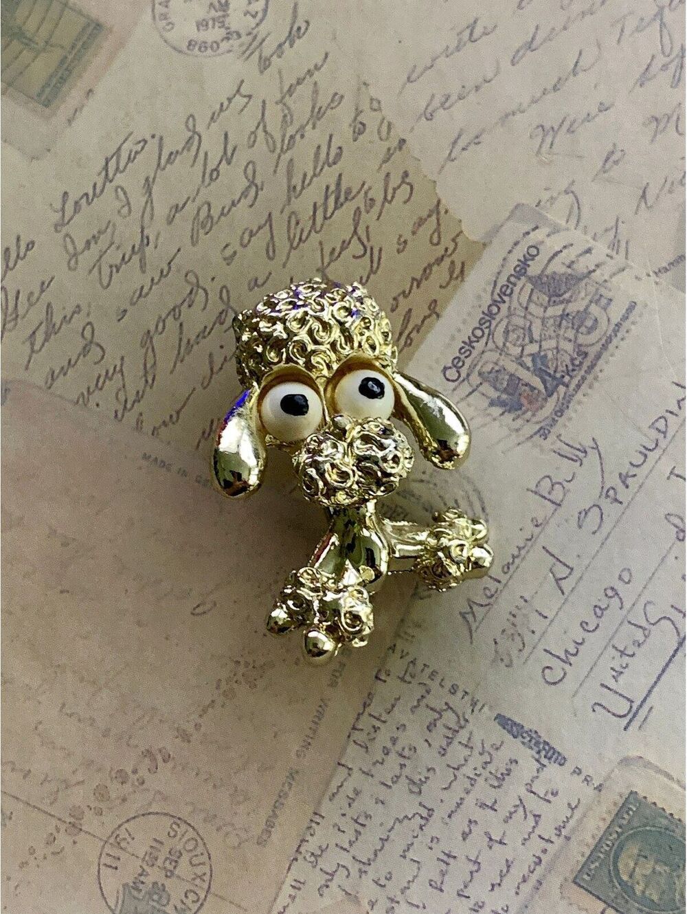 Signed Vintage Tiny Adorable Gold Tone Poodle Brooch Googly Playful Big Eyes